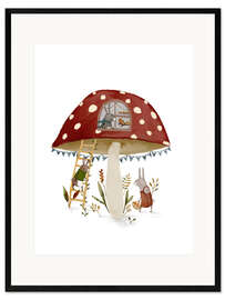 Gerahmter Kunstdruck Hasenfamilie im Fliegenpilzhaus