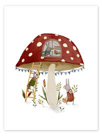 Poster Hasenfamilie im Fliegenpilzhaus