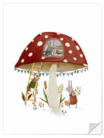 Wandsticker Hasenfamilie im Fliegenpilzhaus