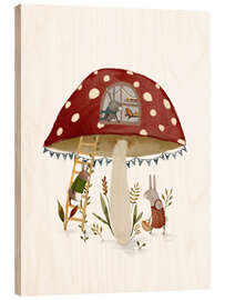 Holzbild Hasenfamilie im Fliegenpilzhaus