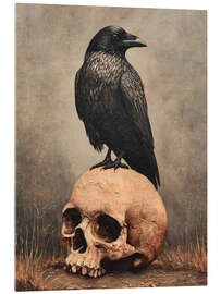 Acrylglasbild Halloween-Rabe auf einem menschlichen Schädel
