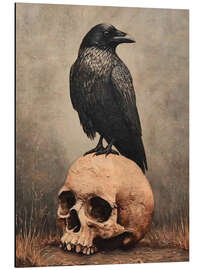 Alubild Halloween-Rabe auf einem menschlichen Schädel