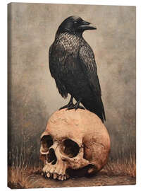 Leinwandbild Halloween-Rabe auf einem menschlichen Schädel