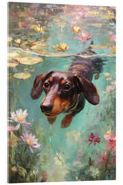 Acrylglasbild Dackel Hund schwimmt durch einen Teich mit bunten Teichrosen - pixelliebe