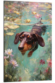 Alubild Dackel Hund schwimmt durch einen Teich mit bunten Teichrosen - pixelliebe