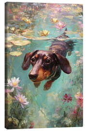 Leinwandbild Dackel Hund schwimmt durch einen Teich mit bunten Teichrosen