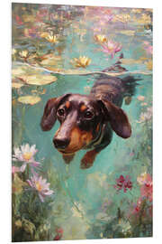 Hartschaumbild Dackel Hund schwimmt durch einen Teich mit bunten Teichrosen - pixelliebe