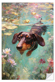 Wandsticker Dackel Hund schwimmt durch einen Teich mit bunten Teichrosen - pixelliebe