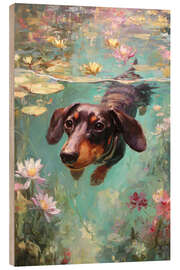 Holzbild Dackel Hund schwimmt durch einen Teich mit bunten Teichrosen - pixelliebe