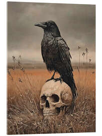 Acrylglasbild Halloween-Rabe auf einem menschlichen Schädel