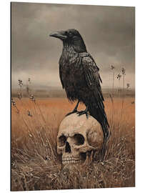 Alubild Halloween-Rabe auf einem menschlichen Schädel