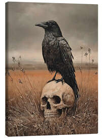 Leinwandbild Halloween-Rabe auf einem menschlichen Schädel