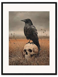 Gerahmter Kunstdruck Halloween-Rabe auf einem menschlichen Schädel