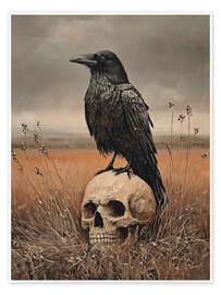 Poster Halloween-Rabe auf einem menschlichen Schädel