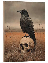Holzbild Halloween-Rabe auf einem menschlichen Schädel