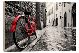 Stampa su legno Red nicycle in Black and White city - Jörg Gamroth