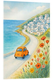 Acrylglasbild Sommer-Roadtrip am Meer im orangefarbenen Auto - Natalie Bruns