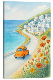 Leinwandbild Sommer-Roadtrip am Meer im orangefarbenen Auto - Natalie Bruns