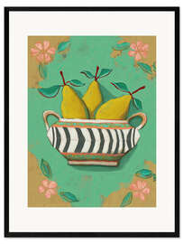 Gerahmter Kunstdruck Gestreifte Schale mit Birnen