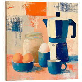 Holzbild Drei Eier mit frischem Kaffee - DejaReve