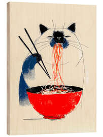 Holzbild Katze isst Ramen - Peter Roder