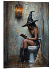 Acrylglasbild Hexe liest auf Toilette