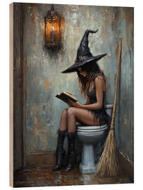 Holzbild Hexe liest auf Toilette