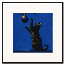 Gerahmter Kunstdruck Katze spielt mit einem Weihnachtsball