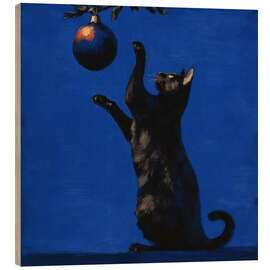 Holzbild Katze spielt mit einem Weihnachtsball