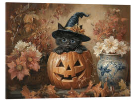 Acrylglasbild Süßes schwarzes Kätzchen und Kürbislaterne