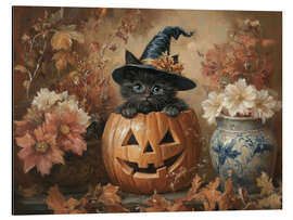 Alubild Süßes schwarzes Kätzchen und Kürbislaterne