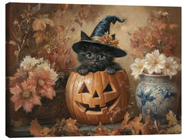 Leinwandbild Süßes schwarzes Kätzchen und Kürbislaterne