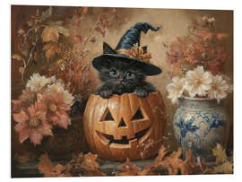 Hartschaumbild Süßes schwarzes Kätzchen und Kürbislaterne