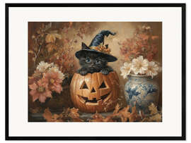 Gerahmter Kunstdruck Süßes schwarzes Kätzchen und Kürbislaterne