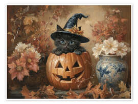 Poster Süßes schwarzes Kätzchen und Kürbislaterne