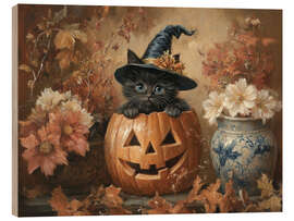 Holzbild Süßes schwarzes Kätzchen und Kürbislaterne