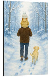 Tableau en aluminium Winter walk with dad and labrador dog - Natalie Bruns