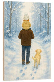Holzbild Winterspaziergang mit Papa und Labradorhund - Natalie Bruns