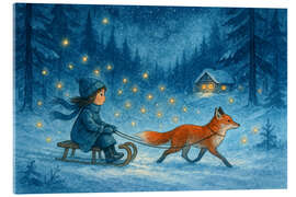 Acrylglasbild Mädchen auf Schlitten mit Fuchs und Glühwürmchen