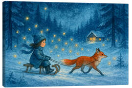 Leinwandbild Mädchen auf Schlitten mit Fuchs und Glühwürmchen