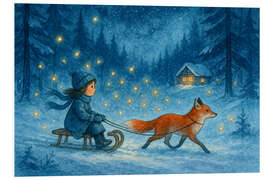 Hartschaumbild Mädchen auf Schlitten mit Fuchs und Glühwürmchen