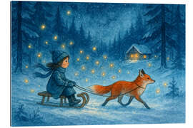 Gallery Print Mädchen auf Schlitten mit Fuchs und Glühwürmchen