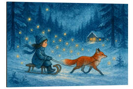 Magnettafel Mädchen auf Schlitten mit Fuchs und Glühwürmchen