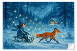 Wandsticker Mädchen auf Schlitten mit Fuchs und Glühwürmchen
