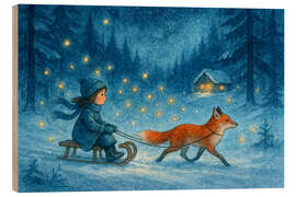 Holzbild Mädchen auf Schlitten mit Fuchs und Glühwürmchen