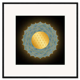 Gerahmter Kunstdruck Blume des Lebens Blau - Golden Spirit Serie