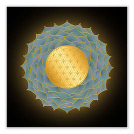 Wandbild Blume des Lebens Blau - Golden Spirit Serie - Grafikfreuden