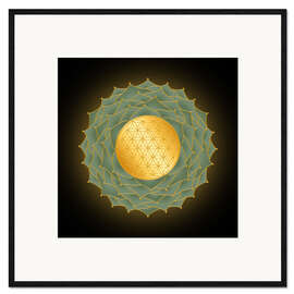 Gerahmter Kunstdruck Blume des Lebens Grün - Golden Spirit Serie