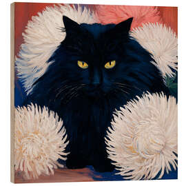Holzbild Schwarze Katze und Blüten - DejaReve