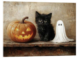 Acrylglasbild Süßes schwarzes Kätzchen mit Gespenst